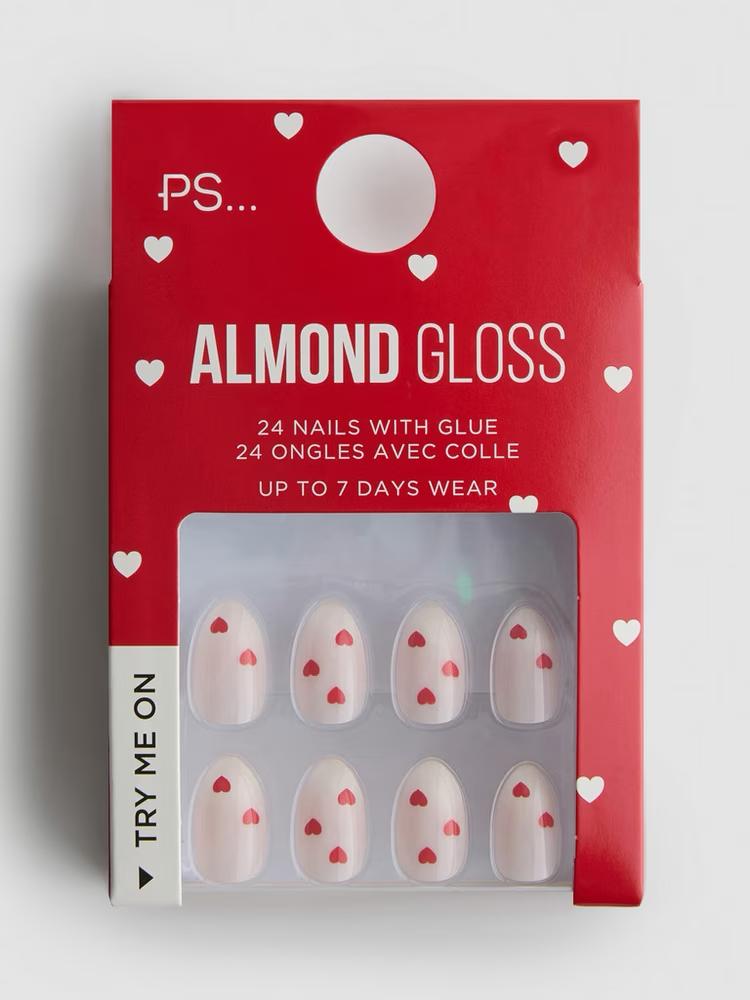PS... Heart Print Almond Gloss False Nails